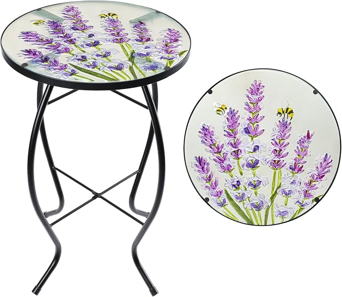 MUMTOP Outdoor End Tables for Patio, Lavender Small Round Side Table, Glass Accent Table for Outside, Garden, Balcony, Porch, Indoor Home Decor