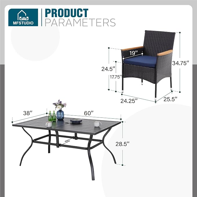 MFSTUDIO Patio Table and Chairs, Outdoor Dining Sets for 6, 7 Pieces Wicker Patio Dining Set with Rectangular Table, Outdoor Metal Dining Furniture with Rattan Chairs