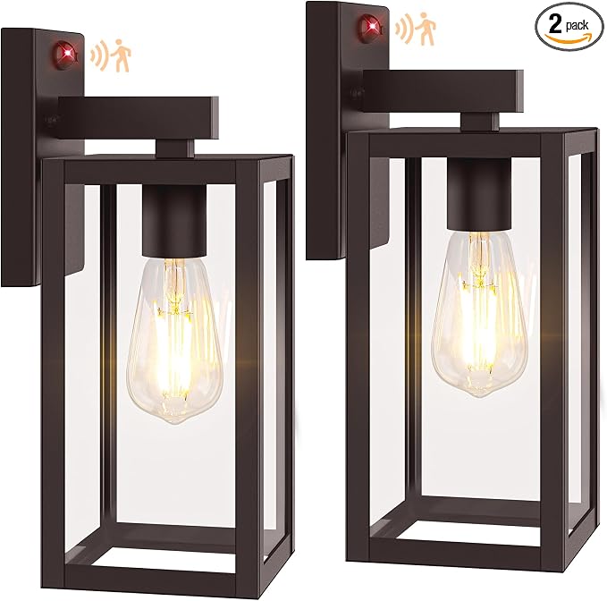 2-Pack 13” Upgraded Motion Sensor Outdoor Wall Lights, Brown | Auto ON/OFF, 3 Lighting Modes, Waterproof, Rust-Resistant, Durable Metal & Clear Glass, Standard E26 Sockets, Easy to Install