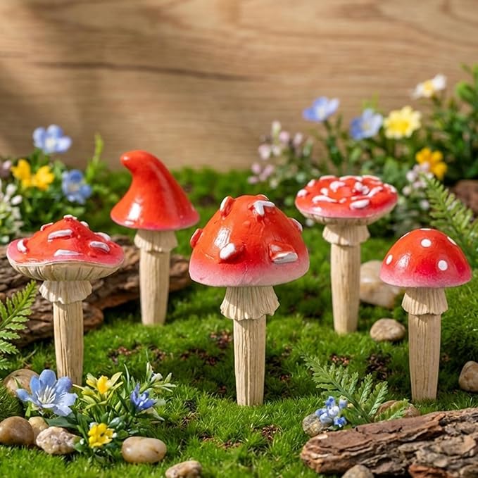 Fairy Garden Mushrooms for Outdoor Decor, 6Pcs Red Mini Mushroom Figurines | Resin Mushroom Miniatures for Fairy Garden Accessories, Plant Pot Decoration, Cute Terrarium, Yard and Lawn Decor