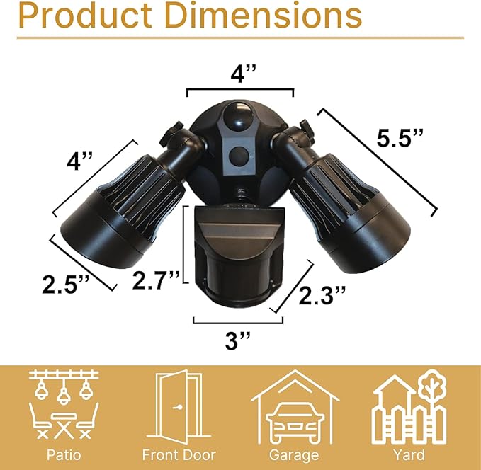 LED Black Motion Sensor 2-Light Bullet Flood Light- 3000K Adjustable Dual Head Outdoor Security Light, Dusk to Dawn, Waterproof, Hardwired Spotlight for Yard, Patio, Garage, Landscape