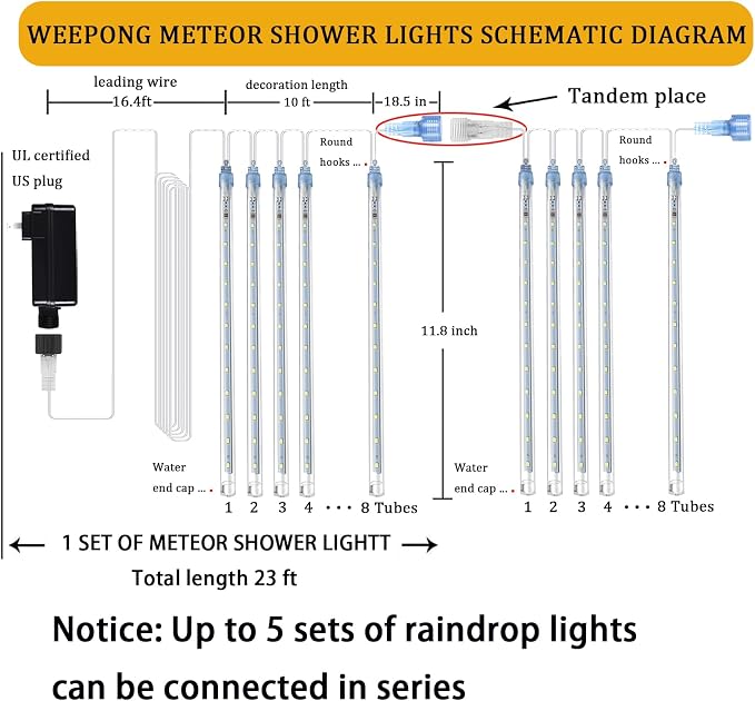 Weepong Christmas Lights Outdoor UL Certified Meteor Shower Lights 12 Inch 8 Tubes 192 LED Falling Rain Drop Icicle Snow Cascading Light for Xmas Tree Wedding Party Garden Decoration, White