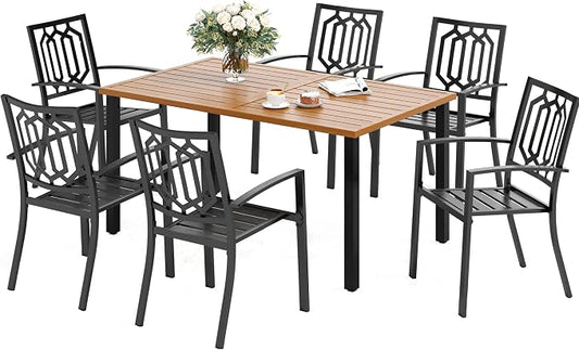 SUNSHINE VALLEY 7 Piece Patio Dining Set for 6, 60x36 Wood-Like Metal Table with Umbrella Hole and 6 Pcs Rust-Proof Stackable Chairs, Outdoor Table and Chairs Set for Backyard Garden Deck (Style 3)
