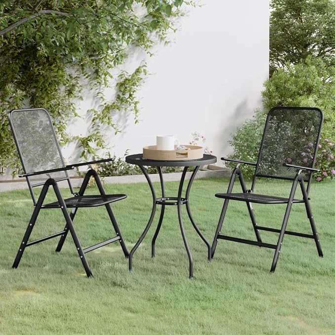 3 Piece Patio Dining Set Expanded Metal Mesh | E-Coating Finish, 7-Position Adjustable Backrest, Folding Chairs for Outdoor Garden