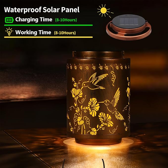 Solar Lanterns Outdoor Waterproof Garden Decor Gifts for Women Mon | Metal Hanging Solar Lights Decoration for Outside LED Lanterns for Yard Patio Lawn Pathway（Hummingbirds）