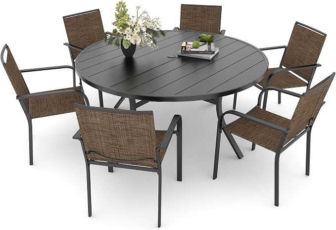 Anmutig 7 Piece Patio Dining Set 54 Inch Round Table Stackable Chairs Brown | Powder-Coated Steel Frame, Quick-Dry Textilene Mesh, Dual-Size Umbrella Hole, Weather Resistant, Patio, Garden, Backyard