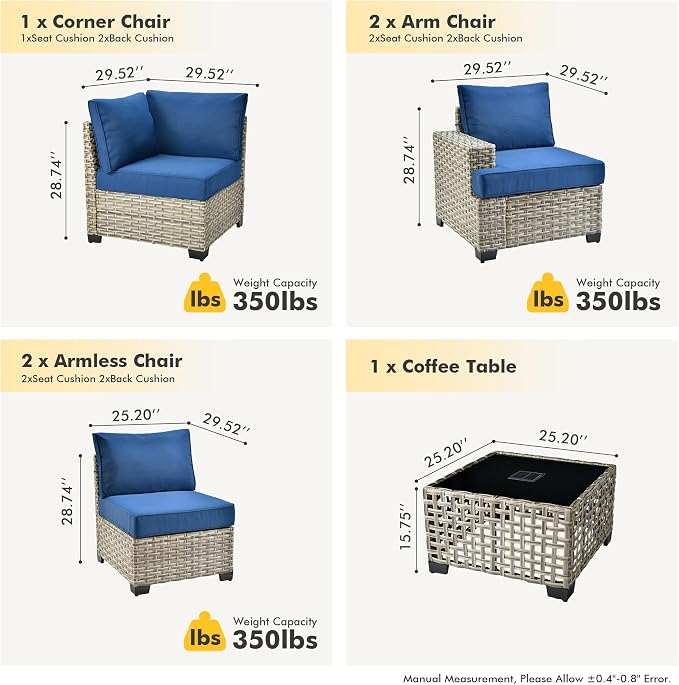 HOOOWOOO Outdoor Sectional Patio Furniture Set,6 Pieces Wicker Conversation Sets L Shaped Couch,Extra Deep Out Door Sofa Outside Furniture,Navy Blue