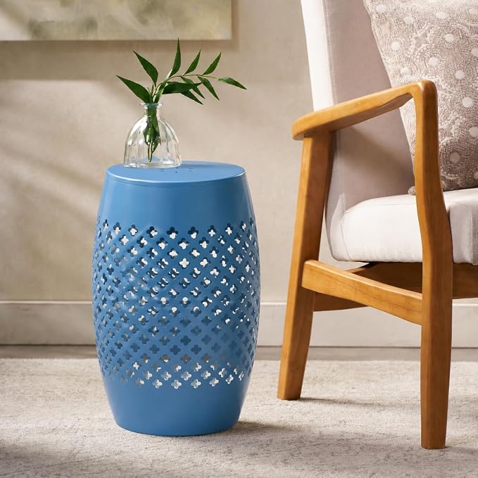 12" Outdoor Side Table, Decorative Cutout Metal Round Side Table, Multi Functional - Coffee Table, Night Stand, Plant Stand for Patio, Garden, Backyard, Gazebo Indoor (Blue)