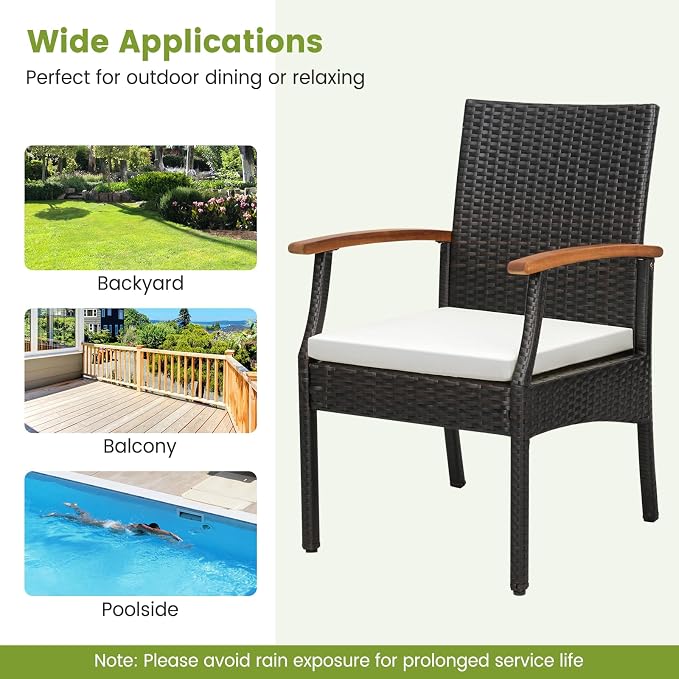 Tangkula Outdoor Dining Set for 4, Weather Resistant Heavy Duty 5 Pieces Patio Acacia Wood Table and Wicker Chairs with Umbrella Hole, Soft Padded Cushions, for Poolside, Backyard, Lawn (5 PCS)