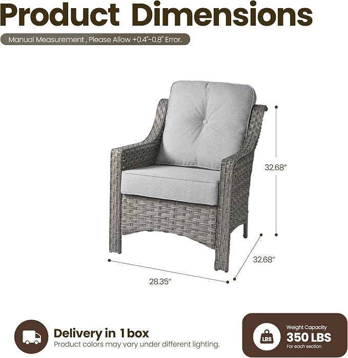 2 Piece Patio Furniture Set, Outdoor Wicker Chairs Set of 2 with Thick Cushion, Heavy Duty High Back Comfortable Chair for Small Balcony Porch Garden, Grey