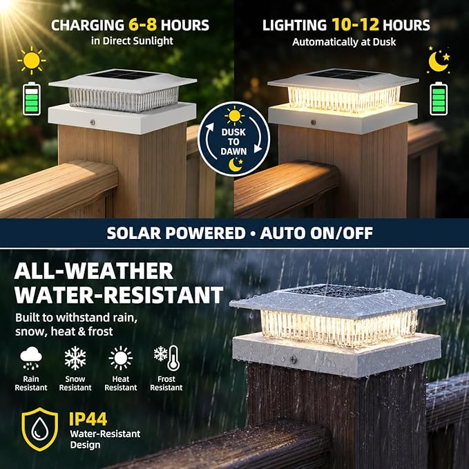 16 Pack Solar Post Cap Lights 4x4, Dual-Color Waterproof Fence Post Solar Lights, Fits 4x4 Vinyl or 3.5x3.5 Wood Posts, Dusk to Dawn Outdoor Lighting for Deck, Garden & Porch Decor, White