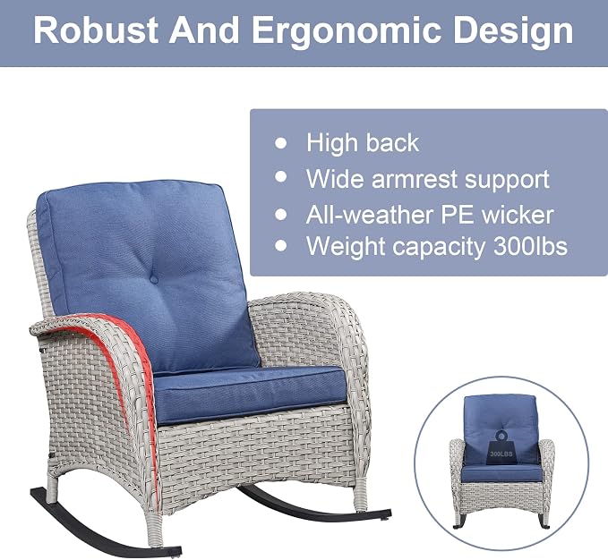 Belord Outdoor Rocking Chairs Set of 2, Wicker Rocker Rocking Chairs for Porch, 3 Pieces Patio Furniture Sets Rocking Bistro Set with Cushions and Side Table