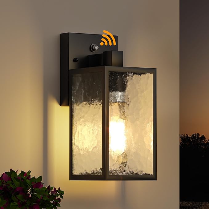 Dusk to Dawn Exterior Lighting Fixtures Outdoor Porch Light Wall Sconce | 10.65 inch, Anti-Rust Metal Frame, Tempered Glass, E26 Base, Waterproof, Sensor Wall Lantern for Patio, Garage, Entryway