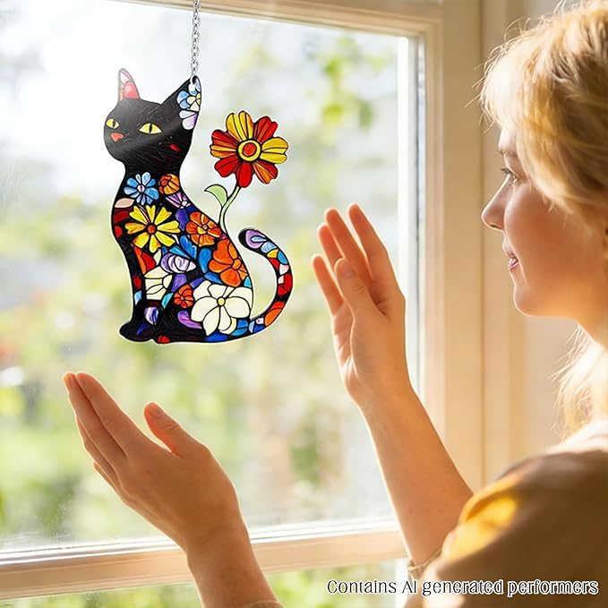 Cat Stained Glass Suncatcher Window, Hanging Sun Catchers Indoor Window, Cat Lover Suncatcher for Mom/Women (Black)