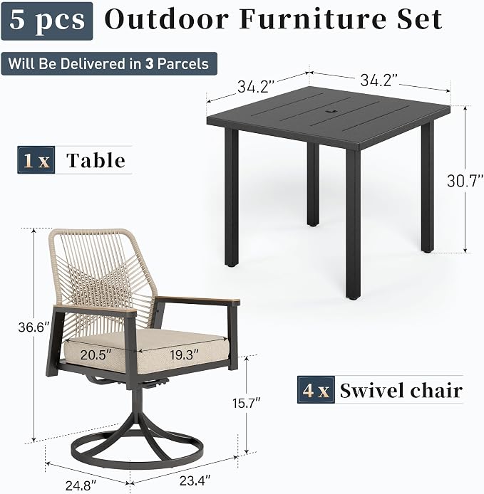 Patio Dining Set 5 Piece, 4 x Woven Rattan Swivel Chairs with Waterproof Cushion, 34.2" Square Metal Dining Table with Umbrella Hole, Outdoor Table and Chairs Set for Backyard Lawn and Deck, Beige