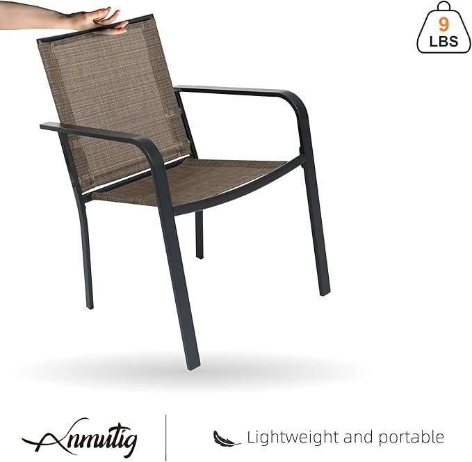 Anmutig 7-Piece Outdoor Patio Round Table and Chairs Set with 54 inch Metal Table, 6 Stackable Dining Chairs with Brown Textilene, Armrest