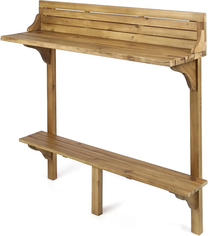 Outdoor Acacia Wood Balcony Bar Table, Rectangle Narrow Counter Outdoor Counter Height Bar Table w/Bottom Shelf, for Balcony, Patio and Small Outside Space