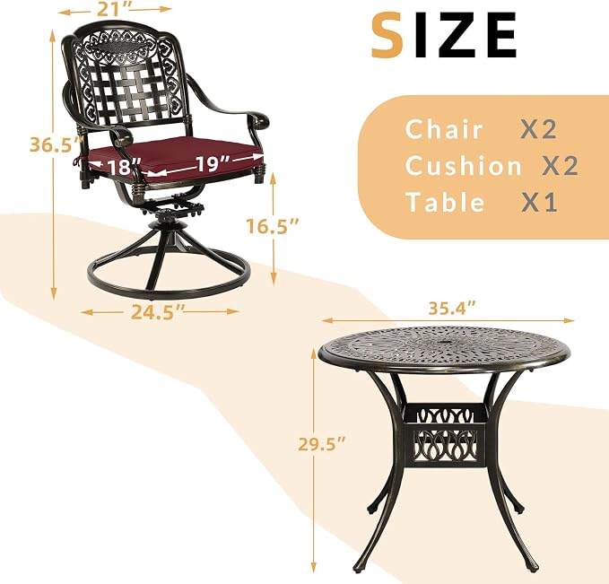3-Piece Outdoor Patio Dining Set, All-Weather Cast Aluminum Patio Furniture Set for Backyard Garden Deck with 2 Swivel Cushioned Chairs and 35.4” Round Table, 2" Umbrella Hole, Chili Red