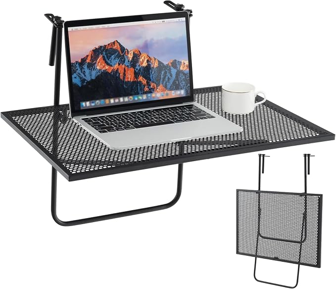 HAPPYGRILL Balcony Hanging Table for Railing, Outdoor Metal Folding Deck Bar Table with Adjustable Hooks, Black