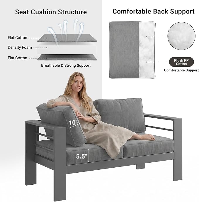 Solaste Aluminum Patio Sofa with Coffee Table,2 PCS Patio Furniture Set with Cushions, All-Weather Outdoor Sofa for Balcony, Deck, Backyard, Porch, Garden, Dark Grey