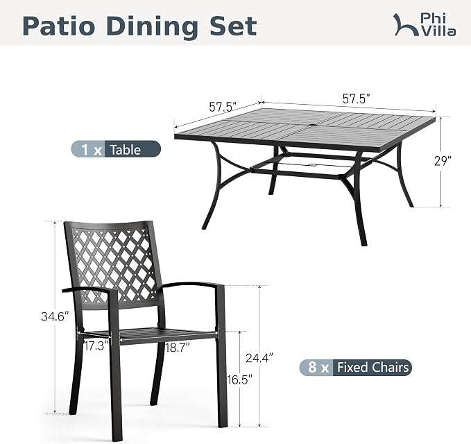 PHI VILLA 9 Pcs Outdoor Dining Set for 8,57.5" Steel Table, Black | Metal Table &Stackable Wrought Iron Chairs, All Weather Large Furniture Set for Patio, Deck, Backyard, Porch - Black
