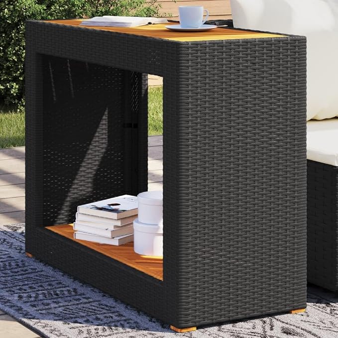 vidaXL Patio Side Table with Wooden Top, Exterior Tea Table with Storage, Rectangular Coffee Table for Garden Backyard, Modern, Black Poly Rattan