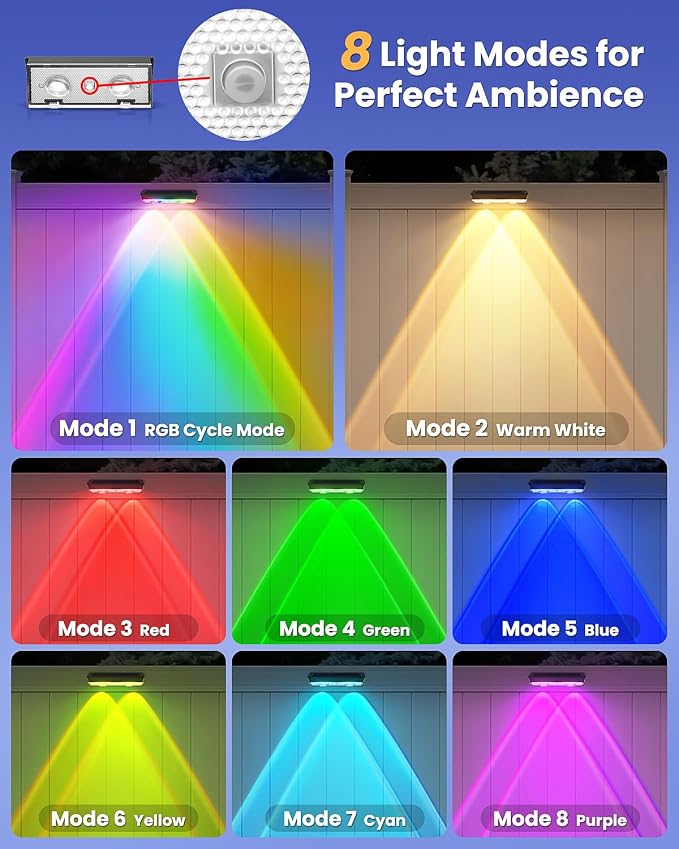 Solar Fence Lights Outdoor, 20 Pack Warm White/RGB Fence Solar Lights with 2 LED, IP65 Waterproof, Backyard Patio Decor for Deck, Wall, Railing, Pool, Stair
