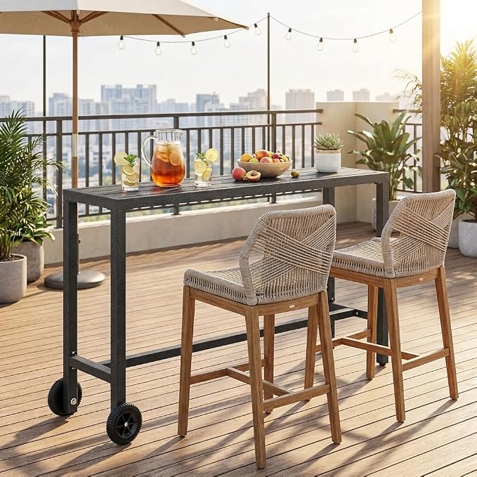YITAHOME Outdoor Bar Table, 55" Narrow Metal Patio Bar Height Table, Rectangle Console Table with Wheels, Tall Counter for Garden Poolside, Silver Bottom Texture