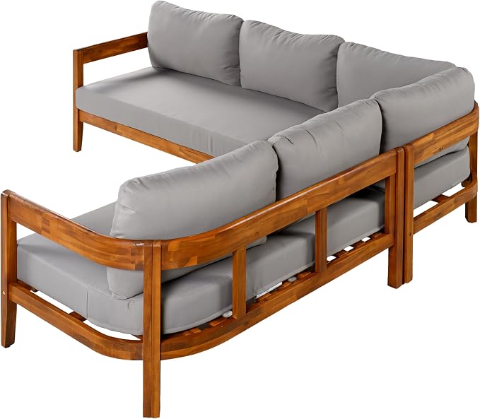 Acacia Wood L-shaped Outdoor Corner Sofa, Patio Conversation Furniture Set With 6 Soft Seat Cushions and Backpack , All Weather Outdoor Patio Sofa with Arc frame for Backyard, Garden (Grey-3.20)