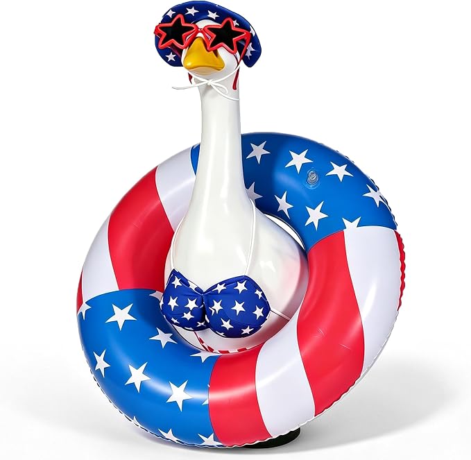 Bikini Porch Goose Outfits Fits 23" Goose Statue Summer Porch Goose Outfit | Independence Day Goose Costume, Hat & Sunglasses Included, Star-Spangled Swim Ring, US 250th Anniversary Garden Decor