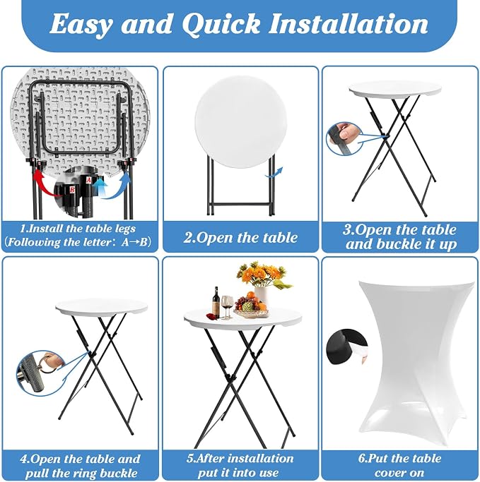 2 Sets 32in Round Folding Cocktail Tables with Spandex Stretch Table Covers for Indoor Outdoor Use Portable Ideal for Parties Events Dining and Gatherings (White Set+2cloth)