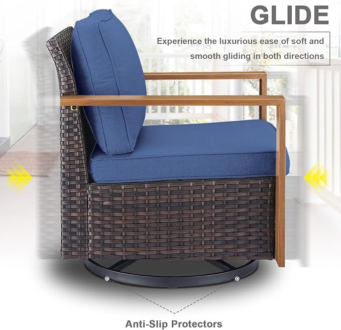 Belord Modern Outdoor Patio Furniture 7 - Person Outdoor Swivel Glider Seating Group, Backyard Wicker Furniture Set with Aluminum Armrests, Brown Wicker Blue Cushion