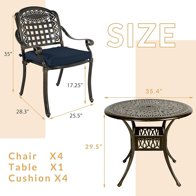 5-Piece Outdoor Patio Dining Set, All-Weather Cast Aluminum Patio Furniture Set for Backyard Garden Deck with 4 Chairs, 4 Cushions and 35.4" Round Table, 2" Umbrella Hole, Navy