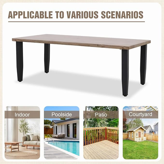 Modern Outdoor Coffee Table, Wood Grain Top Patio Rectangle Table for Deck, Porch, Garden, Weather Resistant Steel Frame, Brown