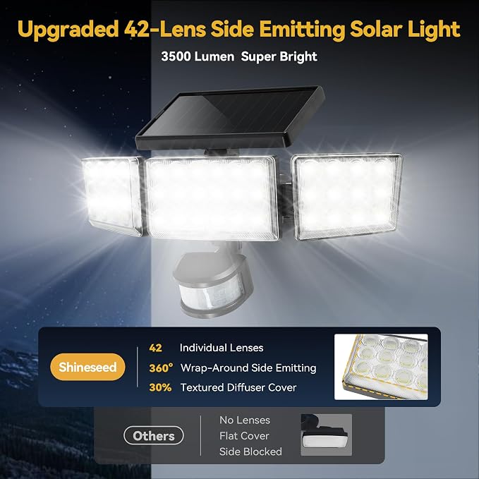 Solar Lights Outdoor, 3500LM 168 LED Motion Sensor Solar Flood Lights, 3 Heads 300° Wide Angle, 3 Modes IP65 Waterproof Solar Security Lights for Yard Garden Patio, 2 Pack (Black)