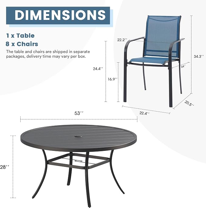 DIFY Outdoor Dining Set for 8, Patio Dining Furniture Set Includes 53" Black Round Table with Adjustable Umbrella Hole and 8 Blue Stackable Metal Chairs for Poolside, Garden, Backyard