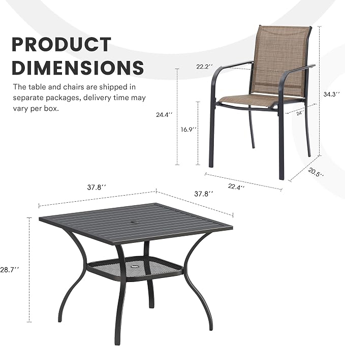 5 Pieces Patio Dining Set, 38" Square Dining Table with Umbrella Hole, 4 Stackable Textilene Fabric Chairs, Metal Structure for Patio, Porch, Garden(Black Table, Brown Chair)