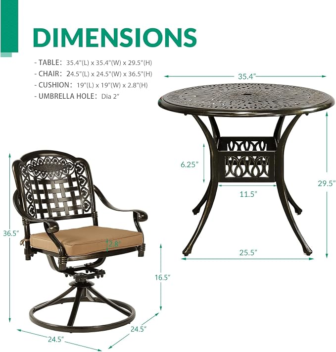VIVIJASON 3-Piece Patio Bistro Set, Outdoor All-Weather Cast Aluminum Furniture Dining Set, Include 2 Swivel Chairs and 34.5" Round Table w/Umbrella Hole for Balcony, Lawn, Garden, Antique Bronze