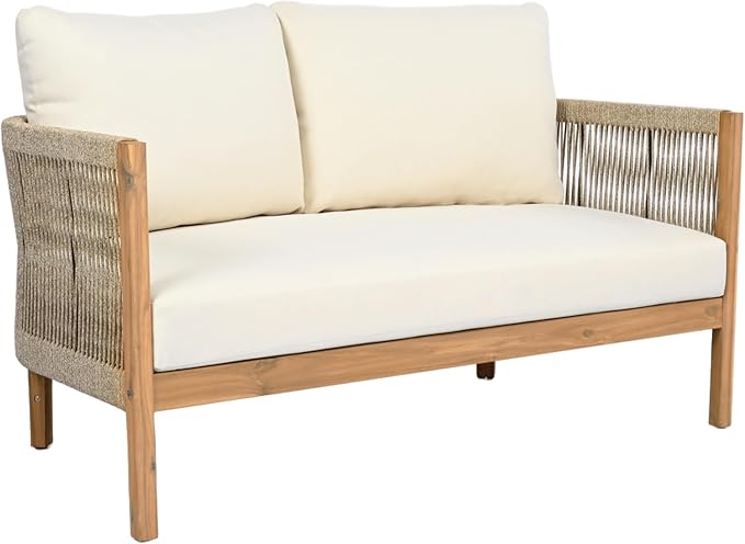 Christopher Knight Home Havets 2 Pieces Conversation Set, Acacia Wood Loveseat and Coffee Table Set, Woven Rope Armchair, Slats Panel End Table, 6" Thick Cushion Couch for Backyard Garden, Teak+Beige