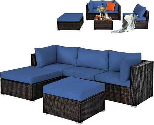 DORTALA 5 Pieces Patio Rattan Furniture Sets, Sectional Sofa Conversation Set w/Steel Frame & Sponge Cushions, Modern Wicker Combination Sofa Set w/Ottoman & Table for Garden Lawn Balcony, Navy