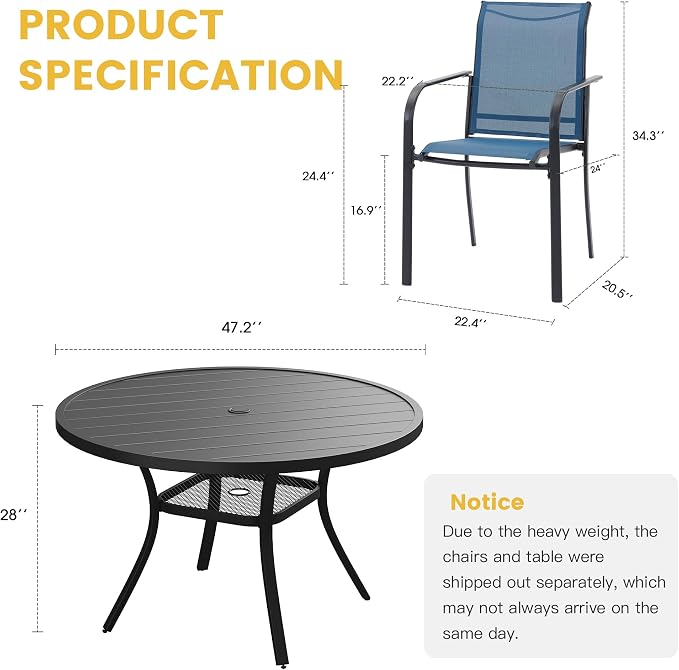 VICLLAX Patio Dining Set for 6, All Weather Metal Outdoor Furniture Set- 47" Round Patio Table and Chairs, Black Tabletop and Blue Fabric