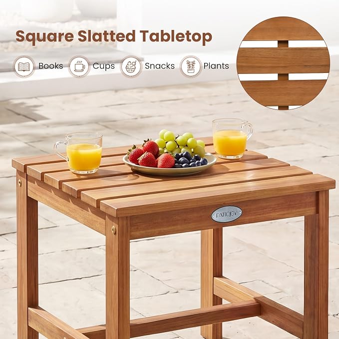 Tangkula Patio Acacia Wood Side Table, 17" Square End Table with Slatted Tabletop, Outdoor Wooden Accent Bistro Table for Backyard, Poolside, Garden, Porch, Indoor (Natural,2)