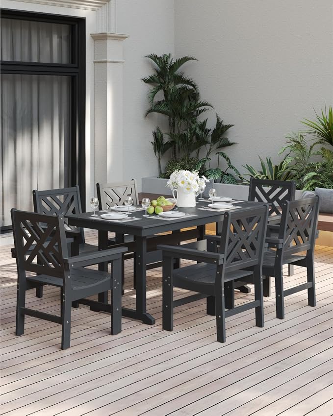 7-Piece Outdoor Dining Set, HDPE All-Weather Patio Table and Chairs Set for 6, Outdoor Patio Furniture Sets with Umbrella Hole for Outside, Deck, Backyard, Garden (Black)