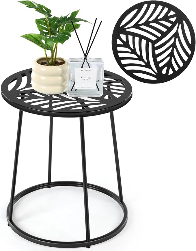 Vercraft Small Outdoor Side Table, 14" Patio Side Tables with Flower Cut Outs Weather Resistant Metal Outdoor End Table for Patio Outside Porch Balconies Garden(Black,Hollow Leaf)