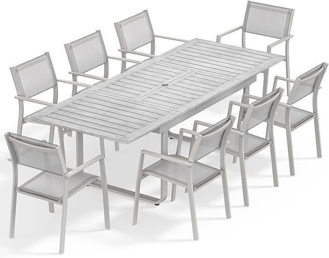 9 Pieces Outdoor Dining Set, Expandable Patio Dining Set for 8 Person, Never-Rust Aluminum Patio Furniture Set with Extendable Dining Table and Stackable Dining Chairs for Backyard, Deck, Lawn