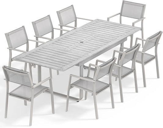 9 Pieces Outdoor Dining Set, Expandable Patio Dining Set for 8 Person, Never-Rust Aluminum Patio Furniture Set with Extendable Dining Table and Stackable Dining Chairs for Backyard, Deck, Lawn