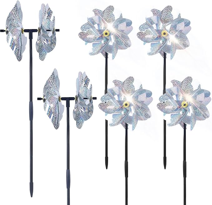 BATTIFE Preassembled Reflective Pinwheels for Yard & Garden, Silver, 6 Pack | Double-side Spinner,Sparkly Material, Spins Best in Steady Wind, Animal-Deterrent Results Vary by Placement and Conditions