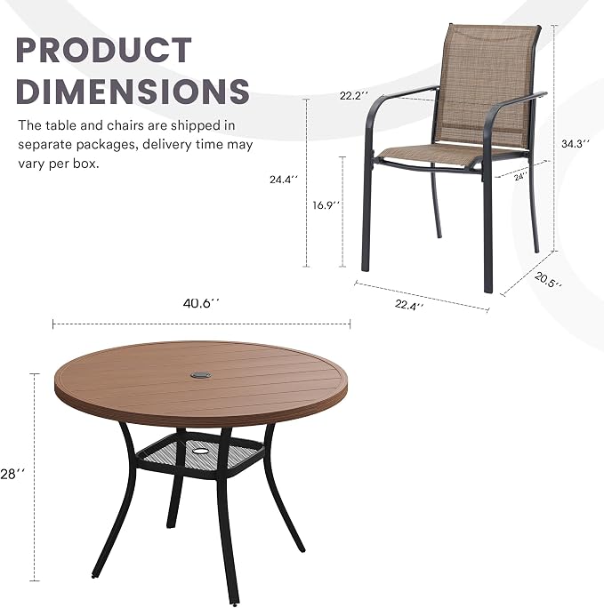 5 Pieces Patio Dining Set, 41" Round Dining Table with Umbrella Hole, 4 Stackable Textilene Fabric Chairs, Metal Structure for Patio, Porch, Garden(Walnut Table, Brown Chair)