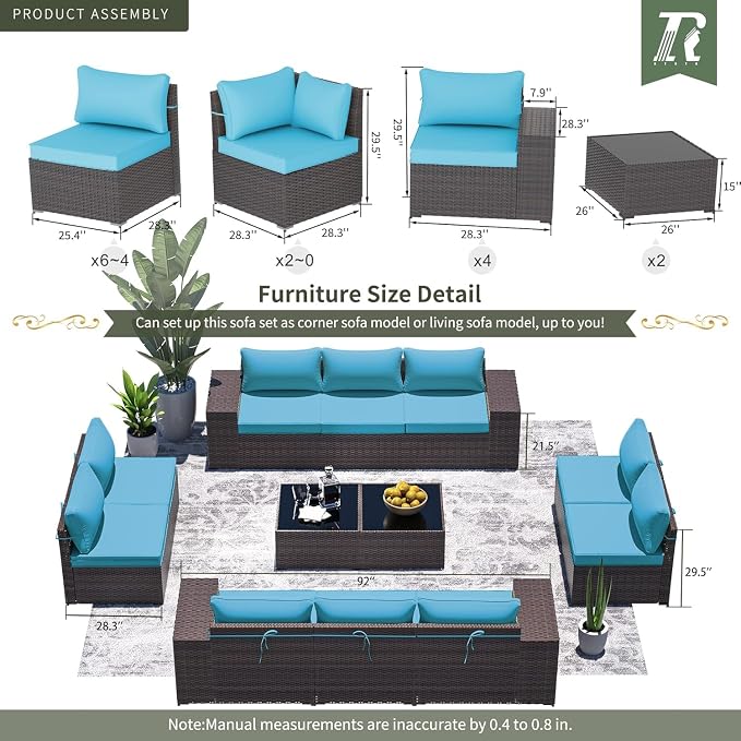 12 PCS Outdoor Patio Furniture Set,Outdoor Sectional Furniture All Weather PE Rattan Wicker Patio Conversation Set with 2 Coffee Tables and 10 Thickened Cushions,Turquoise Blue