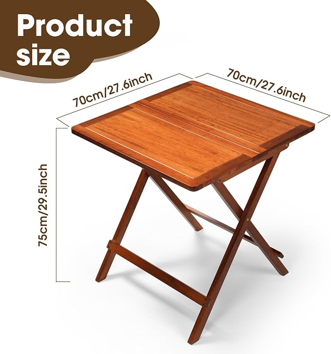 Solid Wood Folding Table, Square Patio Foldable Dining Table, Weather Resistant Outdoor Wooden Table for Deck, Balcony, Garden, Backyard, No Assembly Required